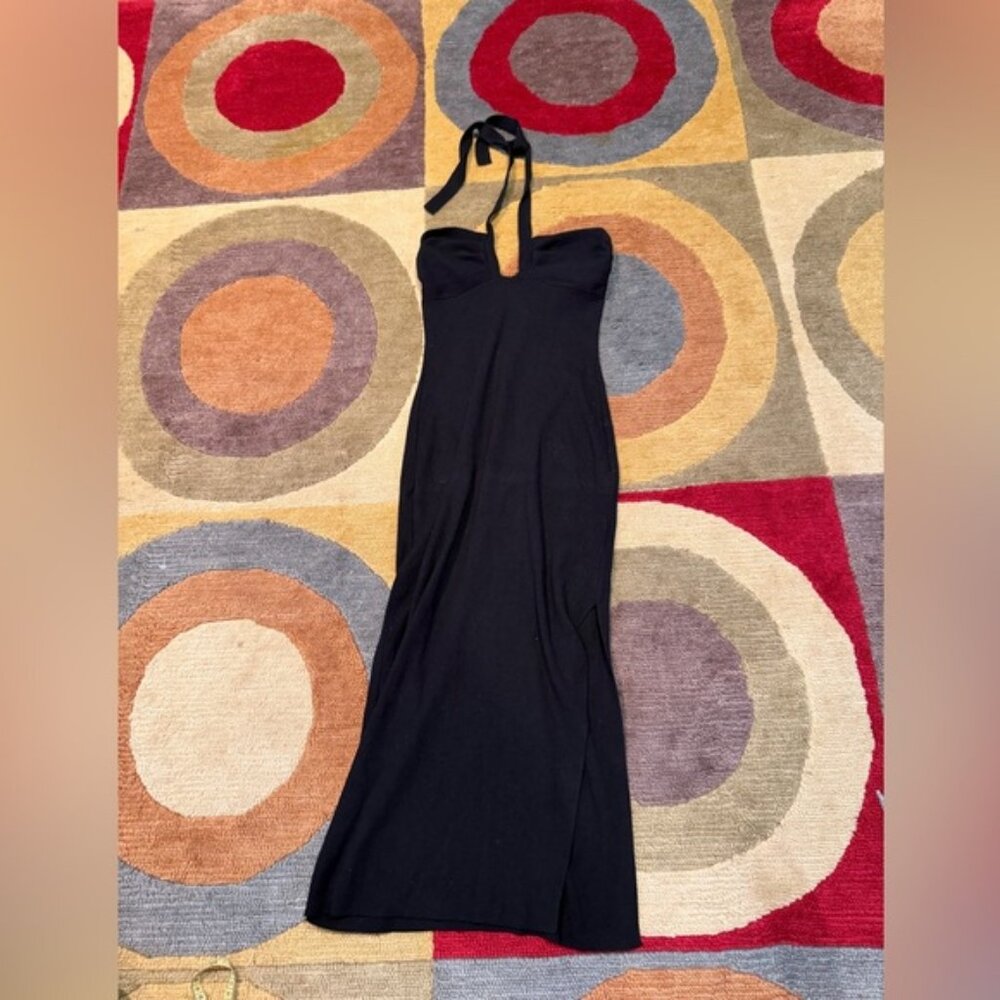 Adika Black Ribbed Midi Black Halter Low Cut Dress Women’s Size Medium / Large